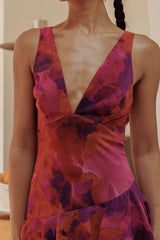 Veda Strappy Back Ruffle Midi Dress Dark Rose