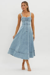 Emilio Pleated Bust A-Line Midi Dress Denim Blue