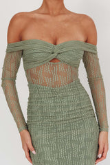 Oliana Off-Shoulder Mesh Maxi Dress Fern