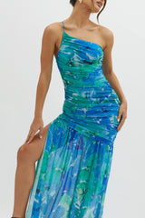 Golden Sun One-Shoulder Ruched Maxi Dress Green