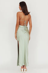 Dolce Life Backless Satin Maxi Dress Sage