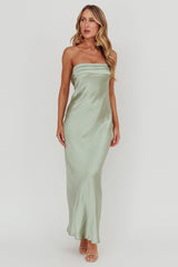 Kona Strapless Pleated Bust Satin Maxi Dress Sage