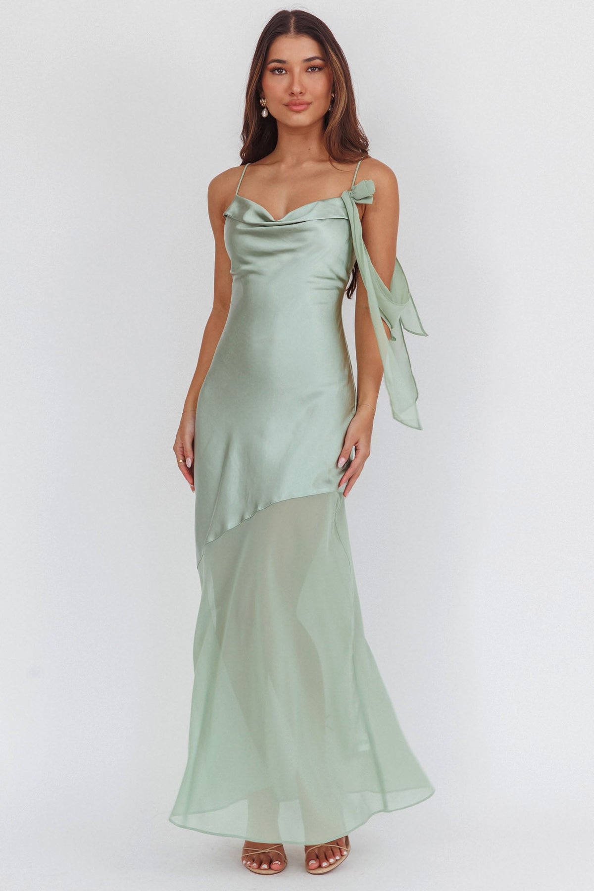 Gilded Dream Shoulder Detail Chiffon Hem Maxi Dress Sage