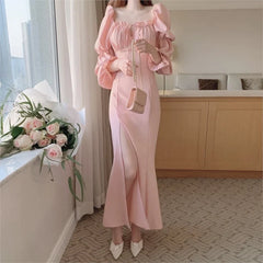 Autumn New Bodycon Midi Dresses for Women Puff Sleeve Square Collar High Split Office Lady Korean Fashion Evening Party Dress