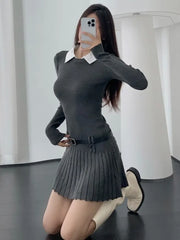 Korean Fashion Knitted Short Dresses for Women Autumn New Patchwork Long Sleeve Pleated A-line Y2K Sexy Party Dress with Belt