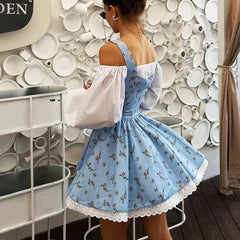 Puff Sleeve Suspender Dress Women Fake Two Pieces Flower Strapless Ruffles Splice Long Sleeve Lace Up Party Dress Summer