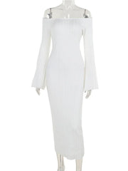 Autumn Knit Ribbed Long Dress Women Off-Shoulder Slim High Waist Patchwork Elegant Party Dress Female Maxi Dress Knitwear