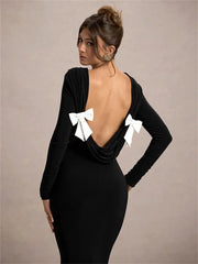 Black Tee Bow Backless Long Dress Women’s Fashion High Waist Luxury Elegant Party Dress Gown Female Autumn Maxi Dress