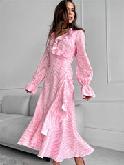 Pink Printed Ruffled Long Dress Women’s Lace-Up Long Sleeve Elegant Contrast Patchwork Party Dress Female Bandage Dress